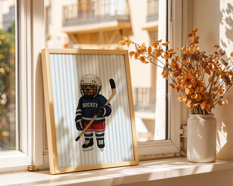 Hockey Bear Art, Trendy Art Prints, Hockey Wall Art, Blue Stripe Art, Bear Wall Art, Nursery Animal Art, Sports Prints, Digital Prints