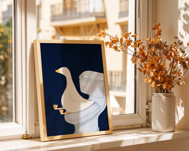 Goose Bathroom Print, Trendy Art Prints, Blue Navy Wall Art, Bathroom Wall Print, Toilet Art, Goose Wall Art, Nursery Decor, Digital Print