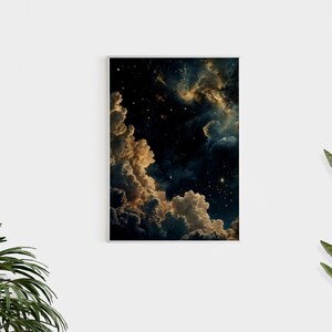Celestial Wall Art, Trendy Art Prints, Moody Wall Art, Night Sky Print, Galaxy Art, Blue Gold Wall Art, Starry Night Poster, Digital Print