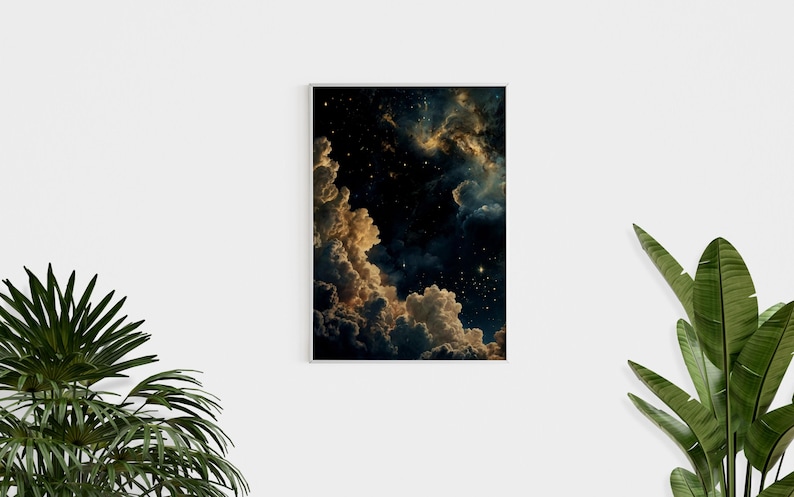 Celestial Wall Art, Trendy Art Prints, Moody Wall Art, Night Sky Print, Galaxy Art, Blue Gold Wall Art, Starry Night Poster, Digital Print