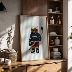 Hockey Bear Art, Trendy Art Prints, Hockey Wall Art, Blue Stripe Art, Bear Wall Art, Nursery Animal Art, Sports Prints, Digital Prints