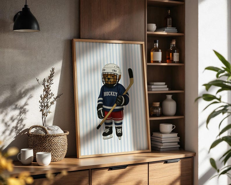 Hockey Bear Art, Trendy Art Prints, Hockey Wall Art, Blue Stripe Art, Bear Wall Art, Nursery Animal Art, Sports Prints, Digital Prints