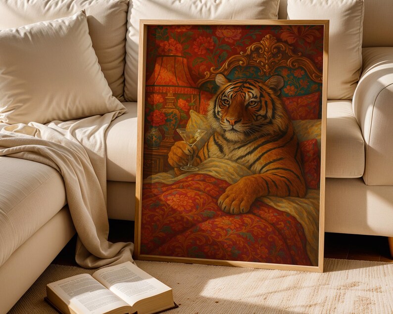Maximalist Tiger, Trendy Art Prints, Martini Wall Art, Tiger Wall Art, Dopamine Bedroom Decor, Retro Wall Art, Digital Prints