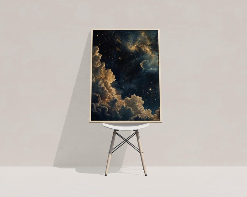 Celestial Wall Art, Trendy Art Prints, Moody Wall Art, Night Sky Print, Galaxy Art, Blue Gold Wall Art, Starry Night Poster, Digital Print