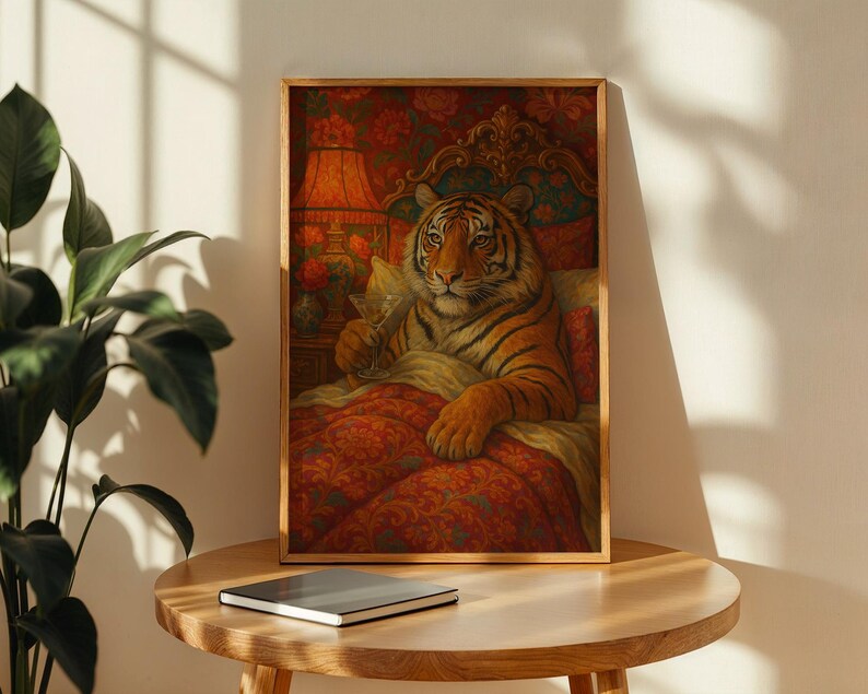 Maximalist Tiger, Trendy Art Prints, Martini Wall Art, Tiger Wall Art, Dopamine Bedroom Decor, Retro Wall Art, Digital Prints