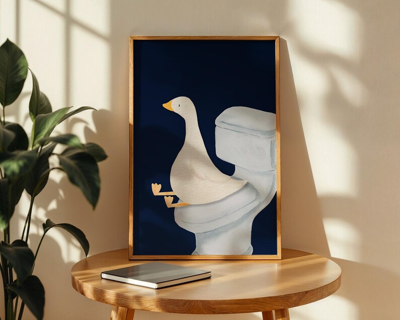 Goose Bathroom Print, Trendy Art Prints, Blue Navy Wall Art, Bathroom Wall Print, Toilet Art, Goose Wall Art, Nursery Decor, Digital Print