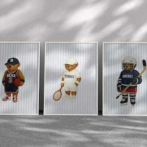 Sports Bear Prints, Set of 3 Wall Art, Trendy Art Prints, Tennis Wall Art, Hockey Art, Basketball Art, Nursery Animal Art, Digital Prints