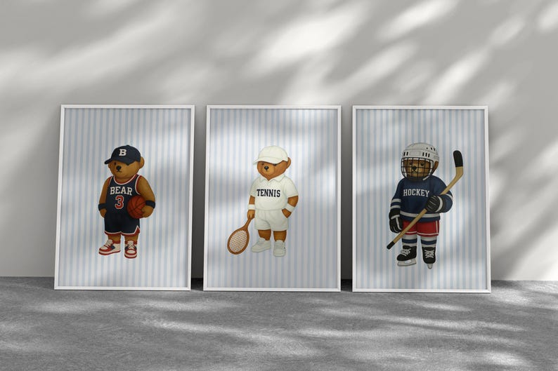 Sports Bear Prints, Set of 3 Wall Art, Trendy Art Prints, Tennis Wall Art, Hockey Art, Basketball Art, Nursery Animal Art, Digital Prints