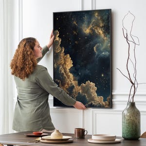 Celestial Wall Art, Trendy Art Prints, Moody Wall Art, Night Sky Print, Galaxy Art, Blue Gold Wall Art, Starry Night Poster, Digital Print