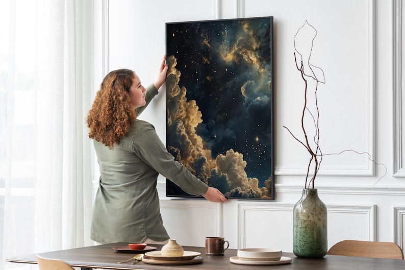 Celestial Wall Art, Trendy Art Prints, Moody Wall Art, Night Sky Print, Galaxy Art, Blue Gold Wall Art, Starry Night Poster, Digital Print