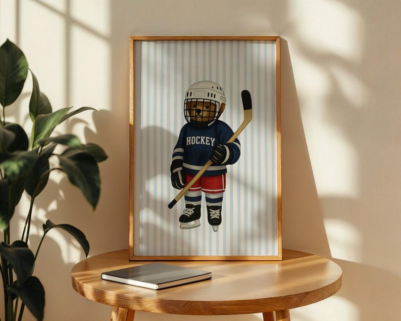 Hockey Bear Art, Trendy Art Prints, Hockey Wall Art, Blue Stripe Art, Bear Wall Art, Nursery Animal Art, Sports Prints, Digital Prints