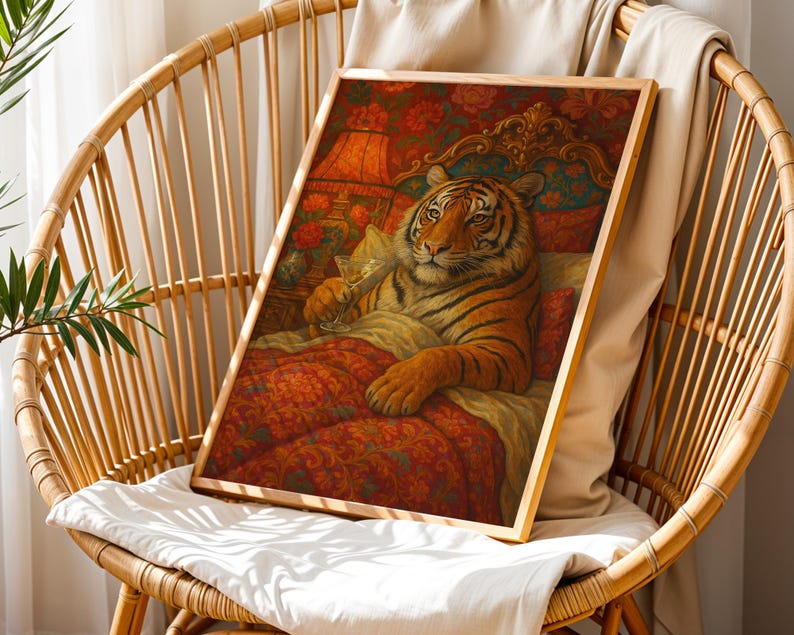 Maximalist Tiger, Trendy Art Prints, Martini Wall Art, Tiger Wall Art, Dopamine Bedroom Decor, Retro Wall Art, Digital Prints