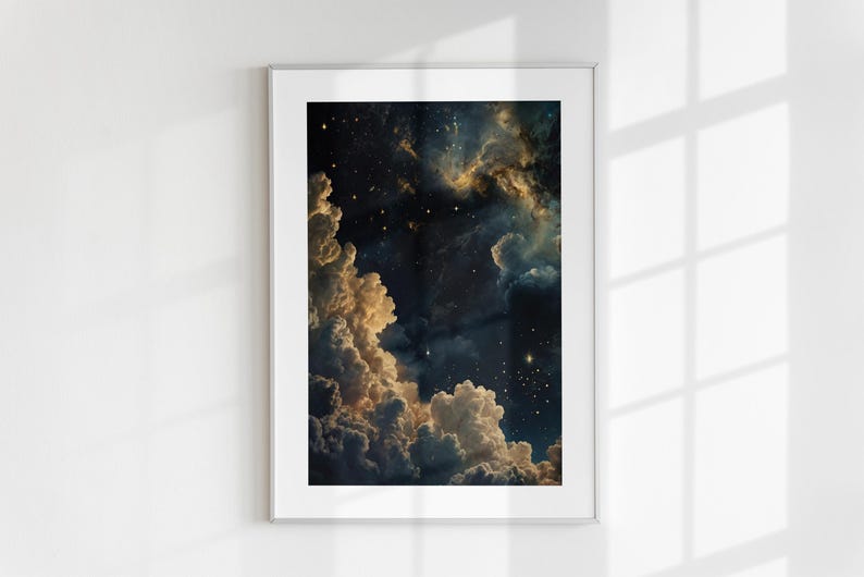 Celestial Wall Art, Trendy Art Prints, Moody Wall Art, Night Sky Print, Galaxy Art, Blue Gold Wall Art, Starry Night Poster, Digital Print