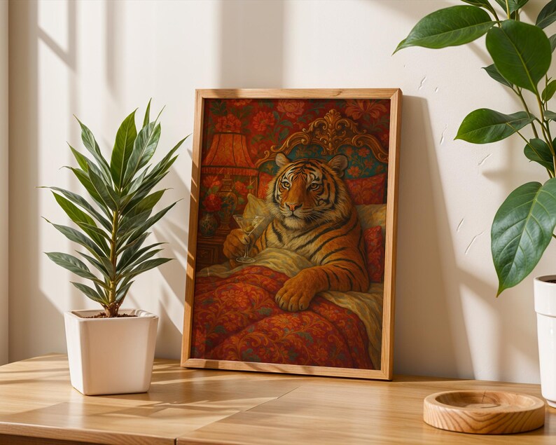 Maximalist Tiger, Trendy Art Prints, Martini Wall Art, Tiger Wall Art, Dopamine Bedroom Decor, Retro Wall Art, Digital Prints
