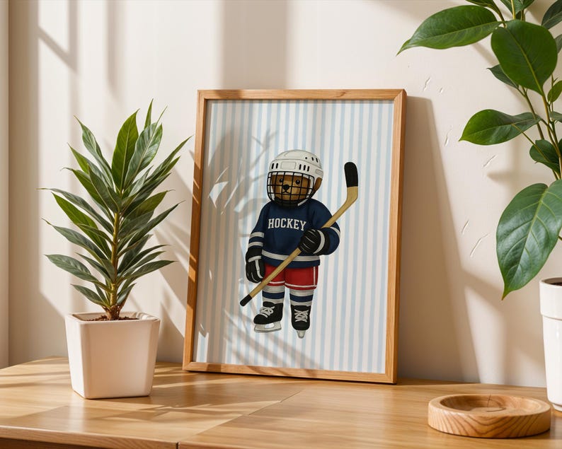 Hockey Bear Art, Trendy Art Prints, Hockey Wall Art, Blue Stripe Art, Bear Wall Art, Nursery Animal Art, Sports Prints, Digital Prints