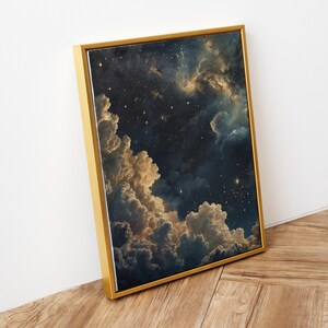 Celestial Wall Art, Trendy Art Prints, Moody Wall Art, Night Sky Print, Galaxy Art, Blue Gold Wall Art, Starry Night Poster, Digital Print