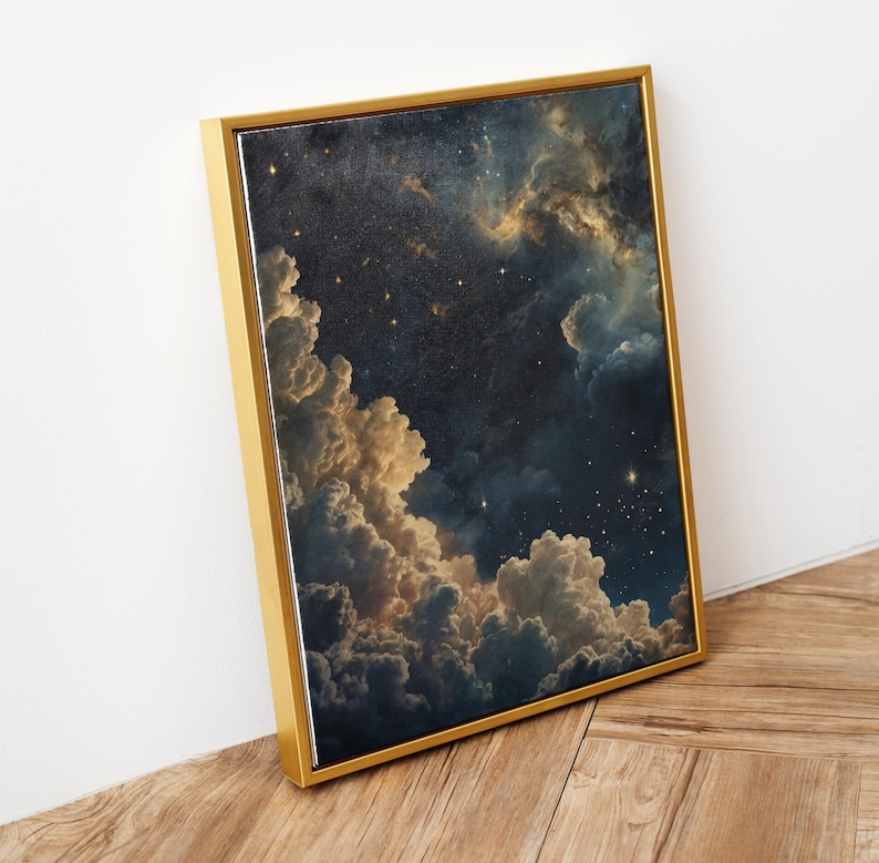 Celestial Wall Art, Trendy Art Prints, Moody Wall Art, Night Sky Print, Galaxy Art, Blue Gold Wall Art, Starry Night Poster, Digital Print