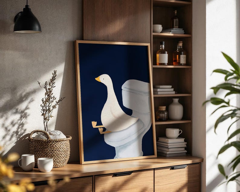Goose Bathroom Print, Trendy Art Prints, Blue Navy Wall Art, Bathroom Wall Print, Toilet Art, Goose Wall Art, Nursery Decor, Digital Print