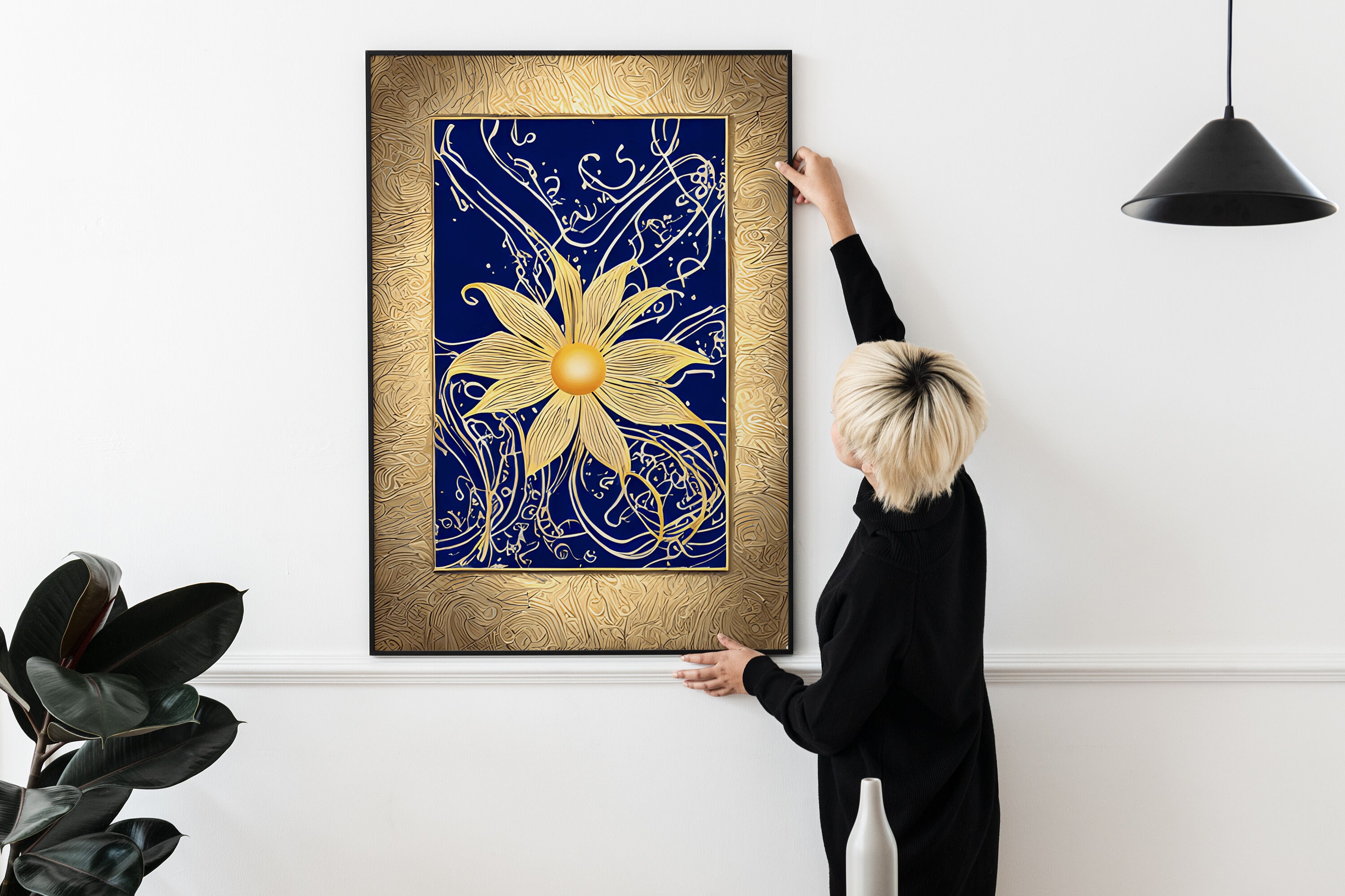 Navy Blue Abstract Wall Art Blue and Gold Flower Wall Art for Etsy