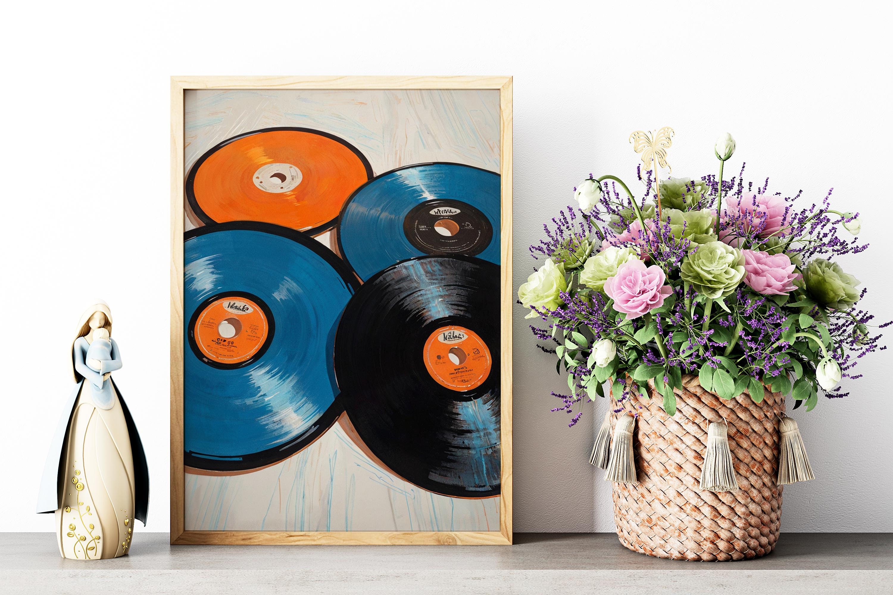 Blauwe vintage plaat Eclectische, trendy kunstprints, retro muurkunst, excentrieke kunst, muziekkunst, vinyl muurkunst, vinylplaten print, digitale print