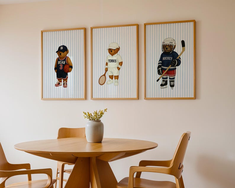 Sports Bear Prints, Set of 3 Wall Art, Trendy Art Prints, Tennis Wall Art, Hockey Art, Basketball Art, Nursery Animal Art, Digital Prints