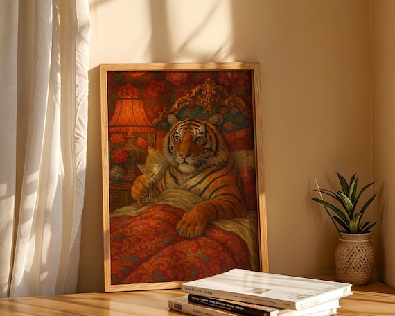 Maximalist Tiger, Trendy Art Prints, Martini Wall Art, Tiger Wall Art, Dopamine Bedroom Decor, Retro Wall Art, Digital Prints