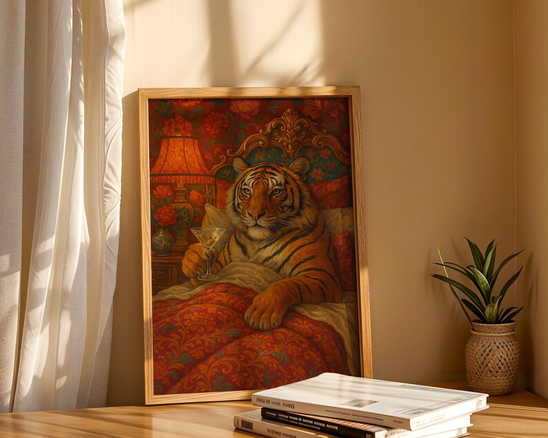 Maximalist Tiger, Trendy Art Prints, Martini Wall Art, Tiger Wall Art, Dopamine Bedroom Decor, Retro Wall Art, Digital Prints