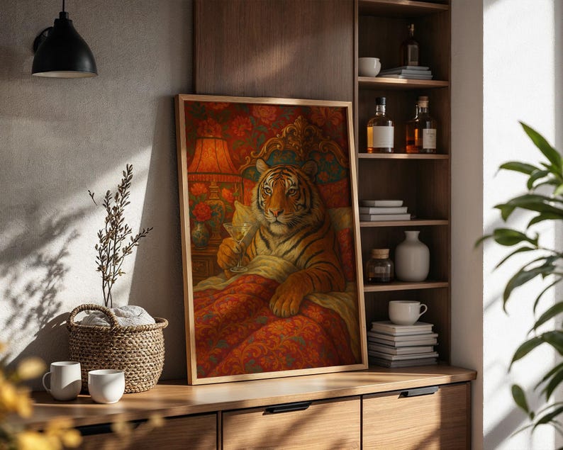 Maximalist Tiger, Trendy Art Prints, Martini Wall Art, Tiger Wall Art, Dopamine Bedroom Decor, Retro Wall Art, Digital Prints
