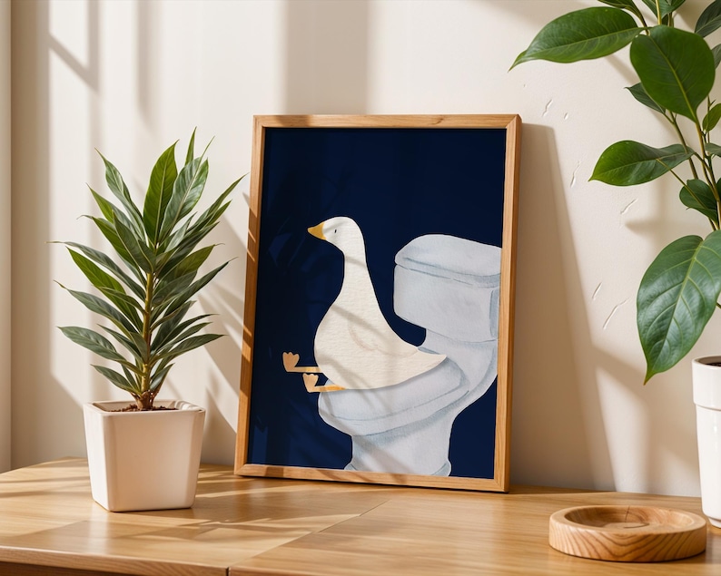 Goose Bathroom Print, Trendy Art Prints, Blue Navy Wall Art, Bathroom Wall Print, Toilet Art, Goose Wall Art, Nursery Decor, Digital Print