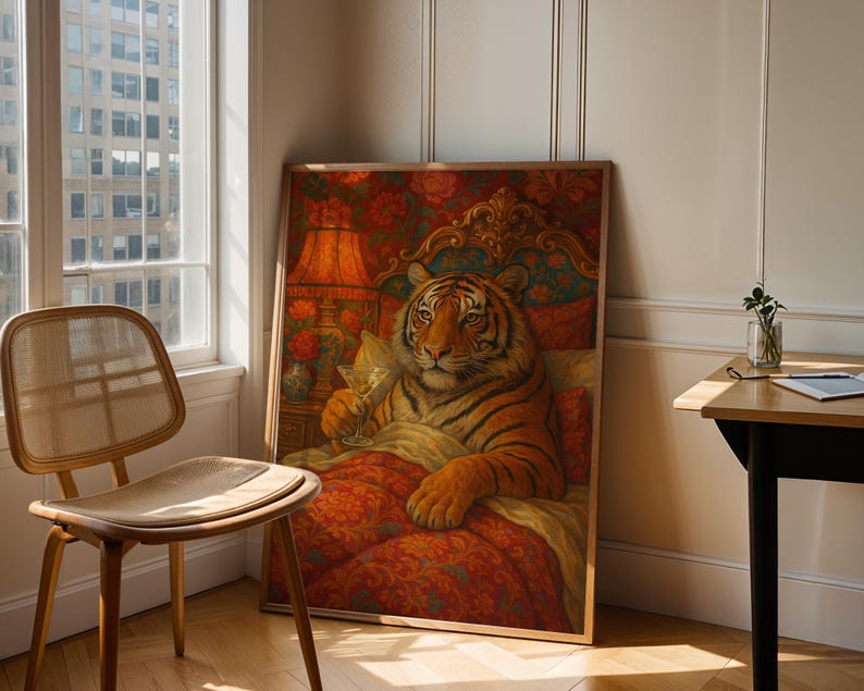 Maximalist Tiger, Trendy Art Prints, Martini Wall Art, Tiger Wall Art, Dopamine Bedroom Decor, Retro Wall Art, Digital Prints