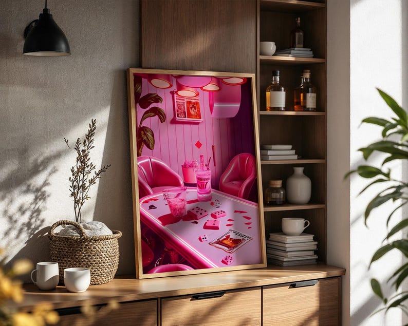 Poker Bar Retro Wall Art Print Trendy Funky Decor, Groovy Poster Bar Decor, Girly Wall Art, Pink Dorm Decor for College Girls, Feminist Art, Cool Girl Art, Pink Wall Art, Printable Wall Art, Poker Night Art, Digital Print