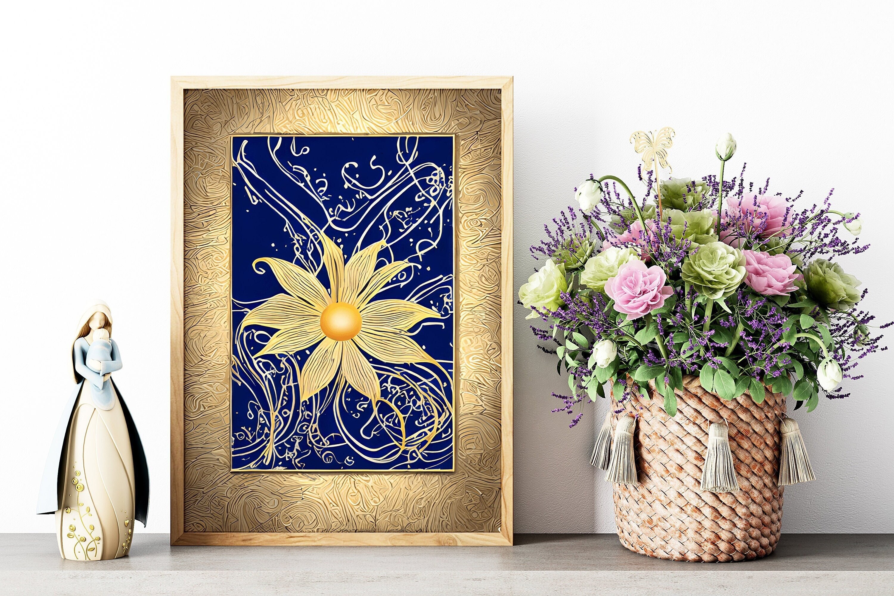 Navy Blue Abstract Wall Art Blue and Gold Flower Wall Art for Etsy