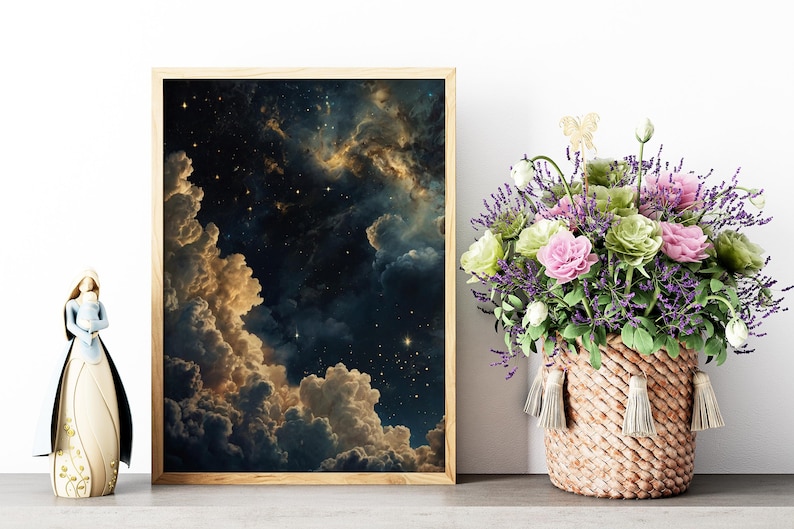 Celestial Wall Art, Trendy Art Prints, Moody Wall Art, Night Sky Print, Galaxy Art, Blue Gold Wall Art, Starry Night Poster, Digital Print