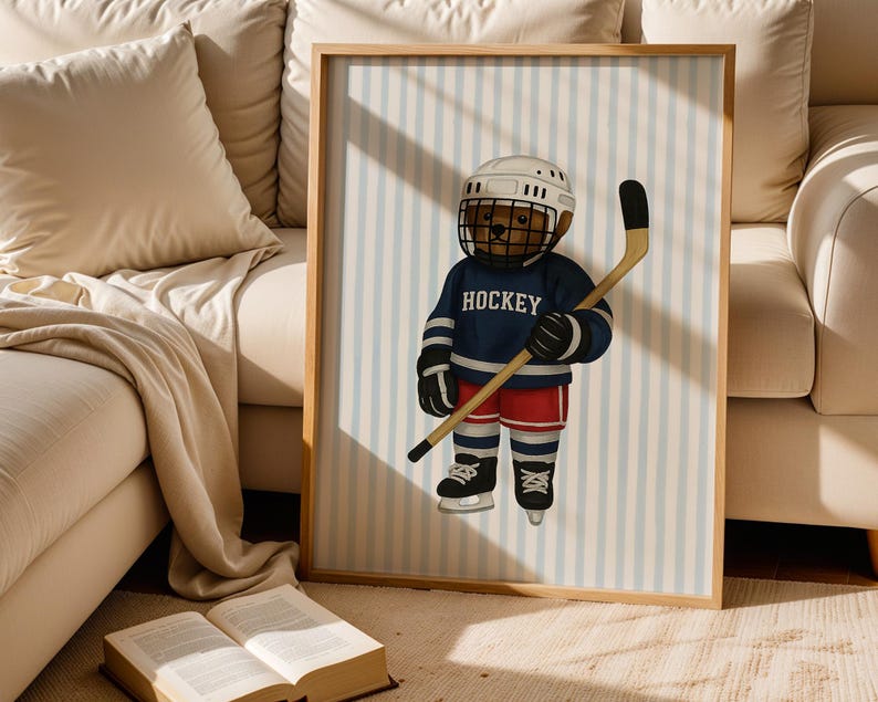 Hockey Bear Art, Trendy Art Prints, Hockey Wall Art, Blue Stripe Art, Bear Wall Art, Nursery Animal Art, Sports Prints, Digital Prints