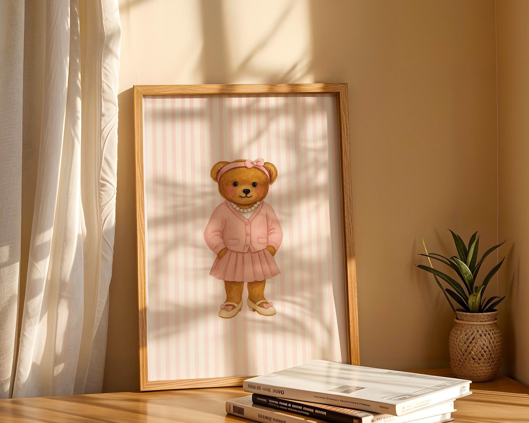 Girly Bär Print, trendige Kunstdrucke, Kinderzimmer Wandkunst, Bär Wandkunst, Girly Raumdekor, rosa Kunstdruck, Kinderzimmer Tierkunst, Digitaldrucke