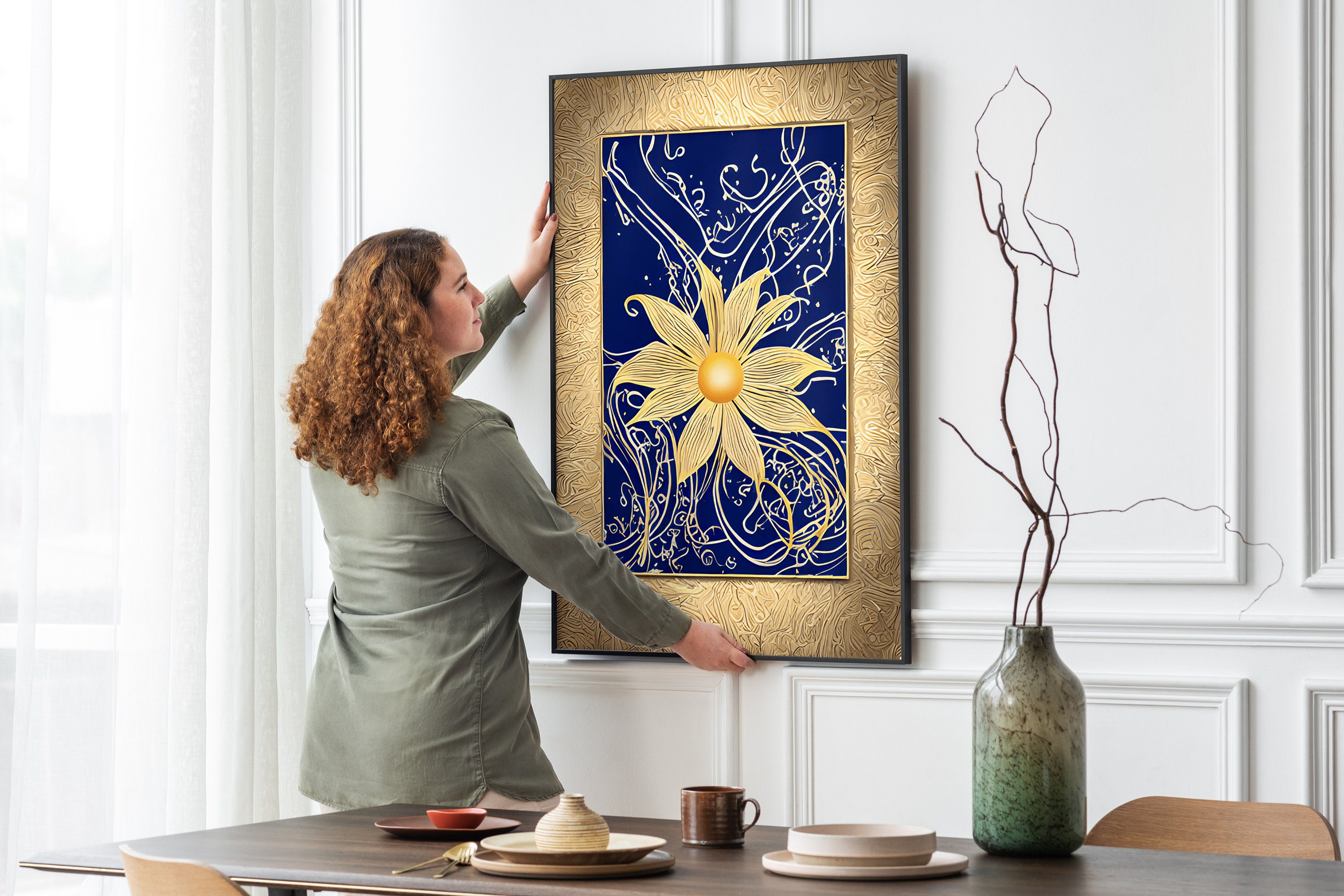 Navy Blue Abstract Wall Art Blue and Gold Flower Wall Art for Etsy