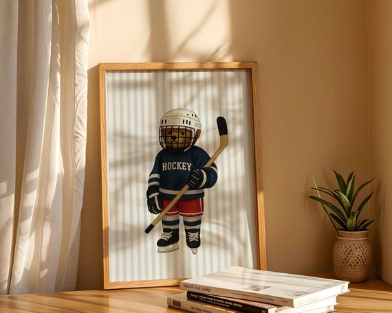 Hockey Bear Art, Trendy Art Prints, Hockey Wall Art, Blue Stripe Art, Bear Wall Art, Nursery Animal Art, Sports Prints, Digital Prints