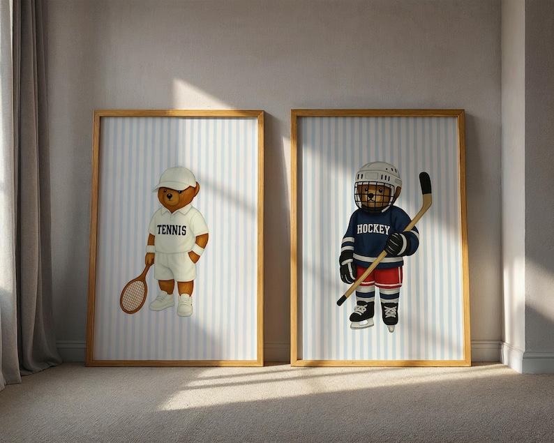 Sports Bear Prints, Set of 3 Wall Art, Trendy Art Prints, Tennis Wall Art, Hockey Art, Basketball Art, Nursery Animal Art, Digital Prints