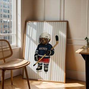 Hockey Bear Art, Trendy Art Prints, Hockey Wall Art, Blue Stripe Art, Bear Wall Art, Nursery Animal Art, Sports Prints, Digital Prints