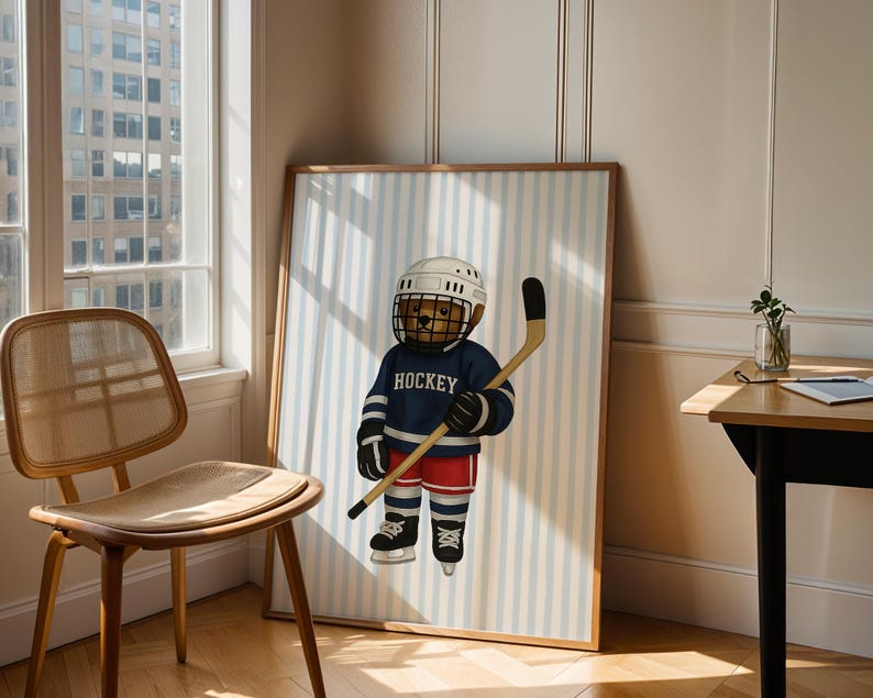 Hockey Bear Art, Trendy Art Prints, Hockey Wall Art, Blue Stripe Art, Bear Wall Art, Nursery Animal Art, Sports Prints, Digital Prints