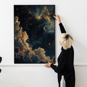 Celestial Wall Art, Trendy Art Prints, Moody Wall Art, Night Sky Print, Galaxy Art, Blue Gold Wall Art, Starry Night Poster, Digital Print