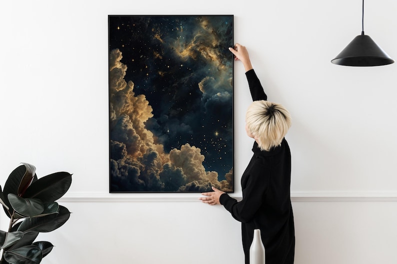 Celestial Wall Art, Trendy Art Prints, Moody Wall Art, Night Sky Print, Galaxy Art, Blue Gold Wall Art, Starry Night Poster, Digital Print