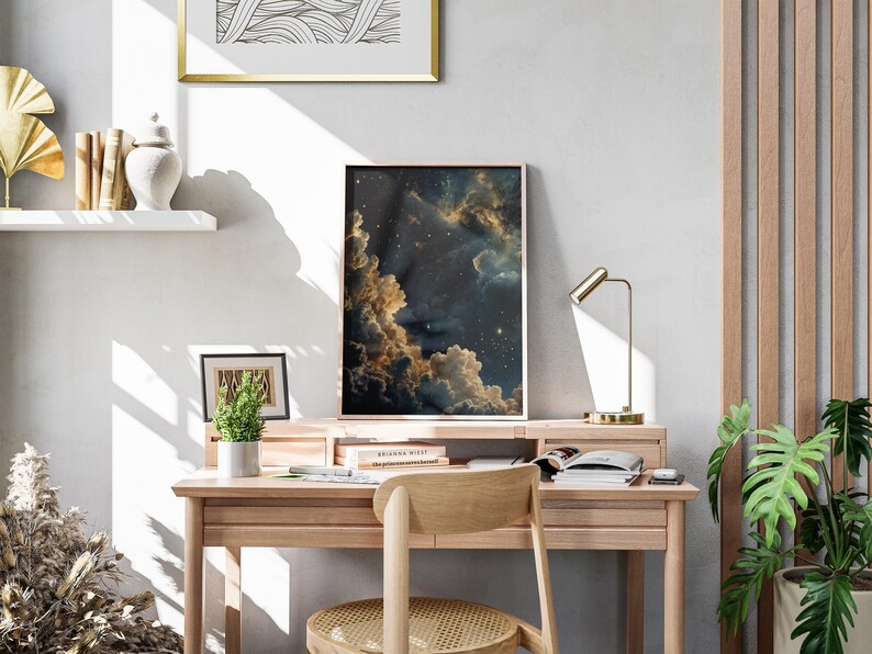 Celestial Wall Art, Trendy Art Prints, Moody Wall Art, Night Sky Print, Galaxy Art, Blue Gold Wall Art, Starry Night Poster, Digital Print