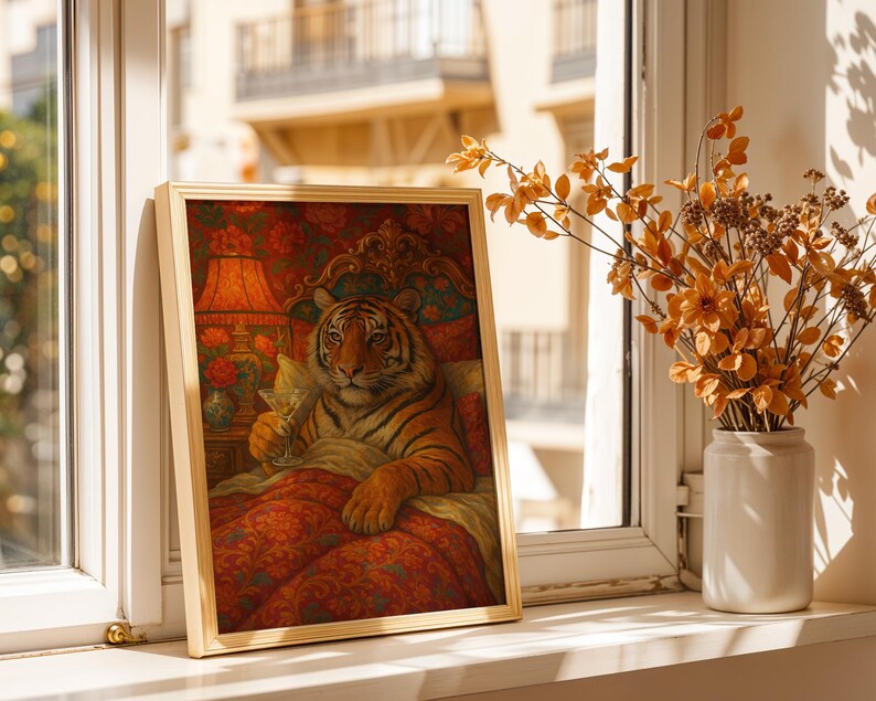 Maximalist Tiger, Trendy Art Prints, Martini Wall Art, Tiger Wall Art, Dopamine Bedroom Decor, Retro Wall Art, Digital Prints