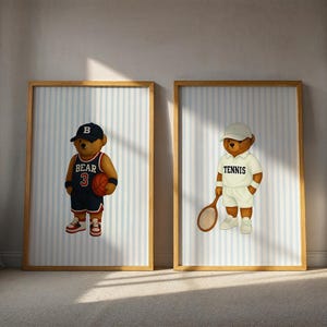 Sports Bear Prints, Set of 3 Wall Art, Trendy Art Prints, Tennis Wall Art, Hockey Art, Basketball Art, Nursery Animal Art, Digital Prints