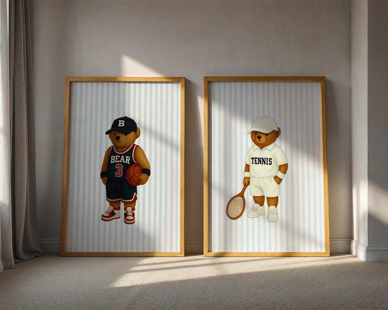 Sports Bear Prints, Set of 3 Wall Art, Trendy Art Prints, Tennis Wall Art, Hockey Art, Basketball Art, Nursery Animal Art, Digital Prints