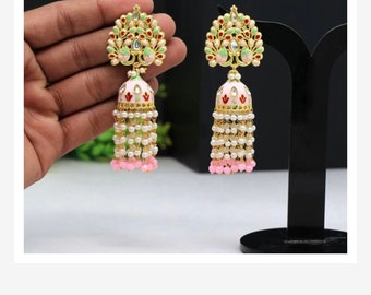 Ohrringe, rosa Ohrringe, rosa Meenakari Ohrringe, Kundan Schmuck, indischer Schmuck. Hochzeitsschmuck