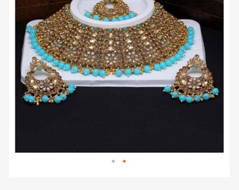 Kundan Polki Choker Set, Blau und Gold Strass Set, Gold Blau Choker Polki Set -