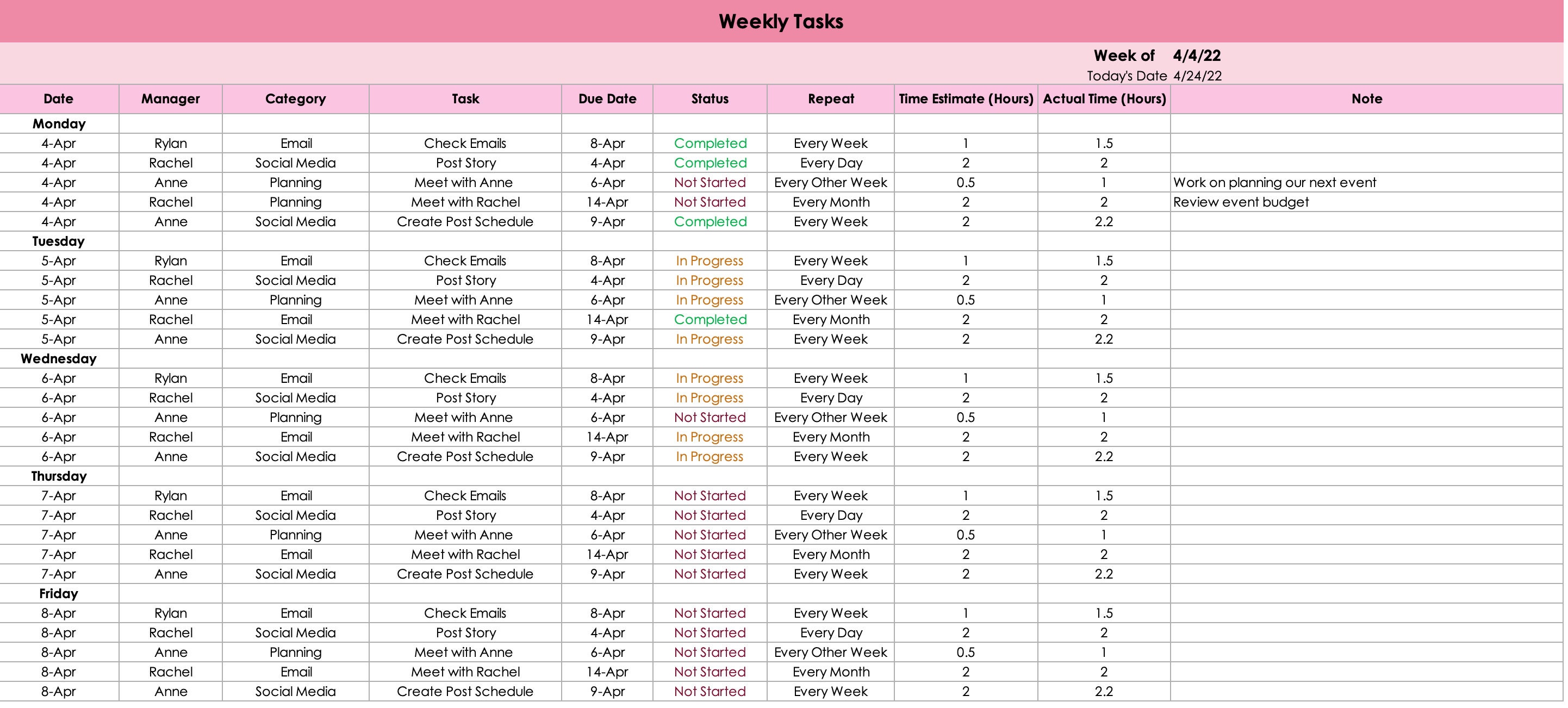 Excel Weekly Task Template