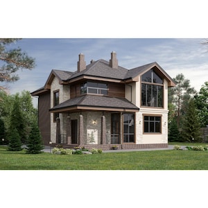 Puede incluir: Una casa de dos pisos con techo gris oscuro, fachada de ladrillo y piedra y grandes ventanas. La casa tiene un porche con columnas y está rodeada de hierba verde y árboles.